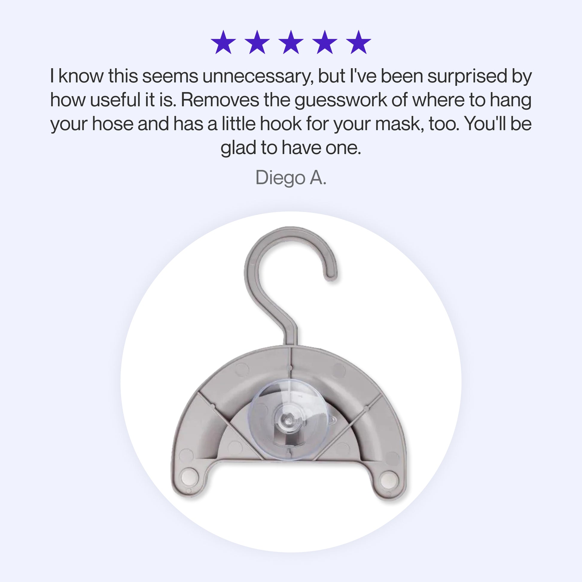 Testimonial praising the CPAP Hose Hanger for its convenience, highlighting its ease of use for hanging hoses and the added mask hook for organized storage.