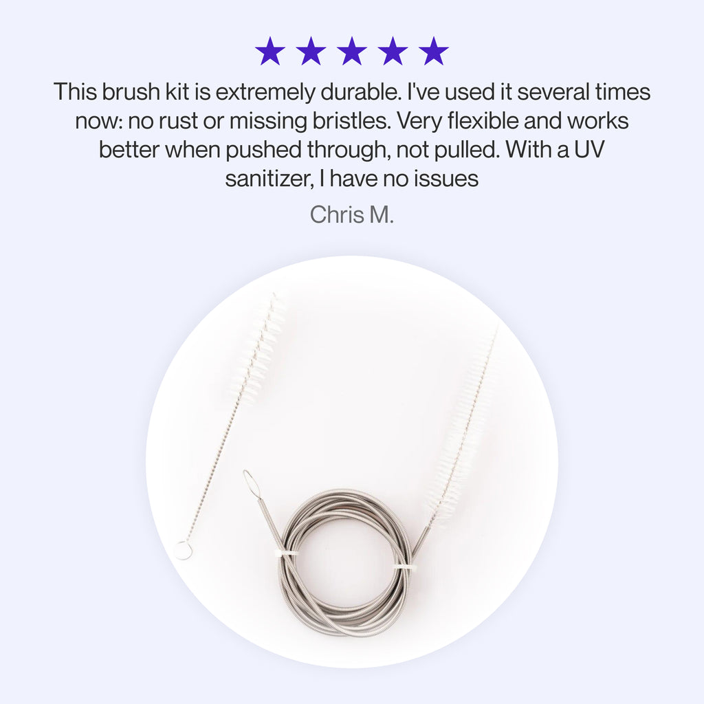 Testimonial for Snugell tube brush kit highlighting its durability, flexibility, rust resistance, and effective cleaning performance when paired with a UV sanitizer.