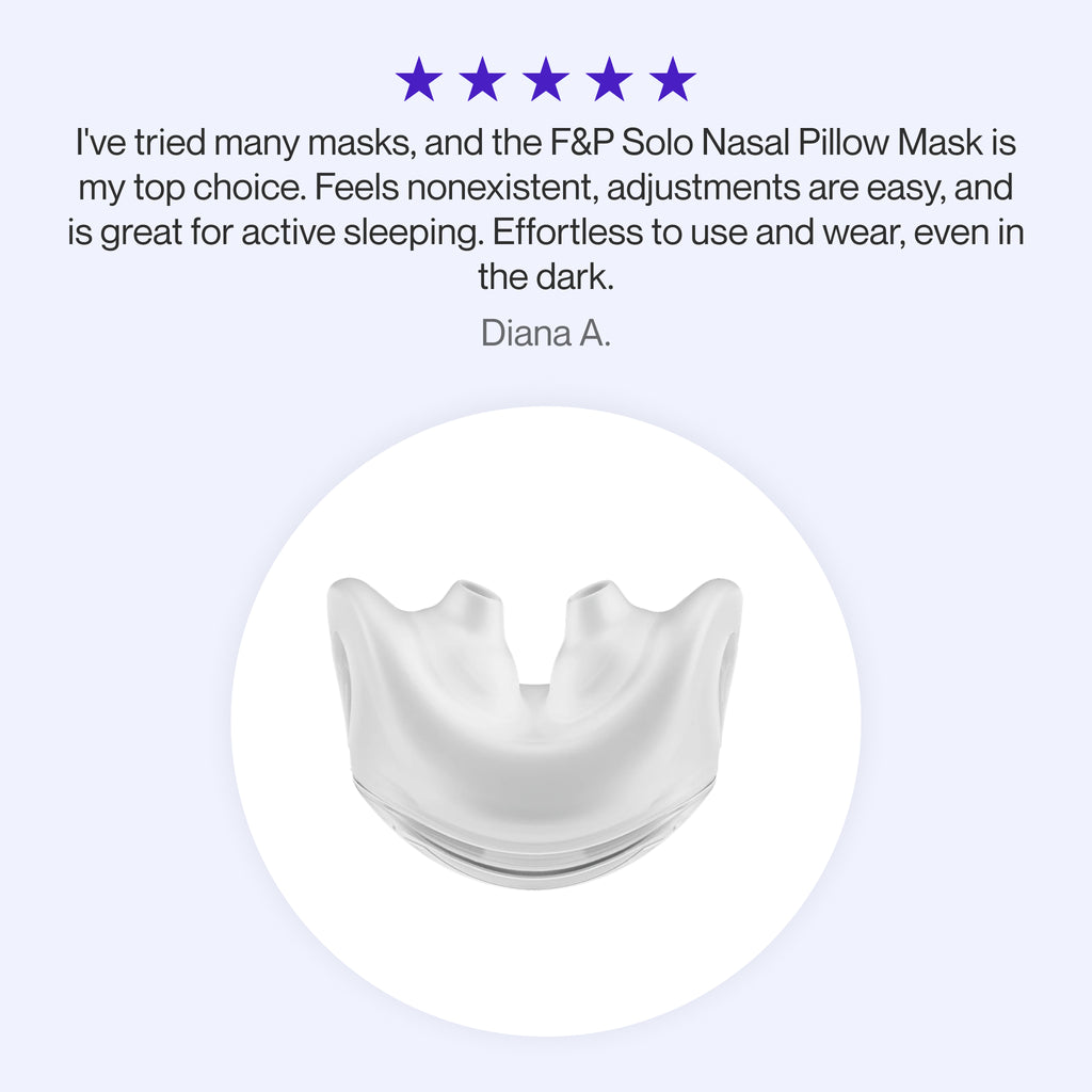 "
Testimonial praising the F&P Solo Nasal Pillow Mask as a top choice for its lightweight feel, easy adjustments, suitability for active sleepers, and effortless use even in the dark."