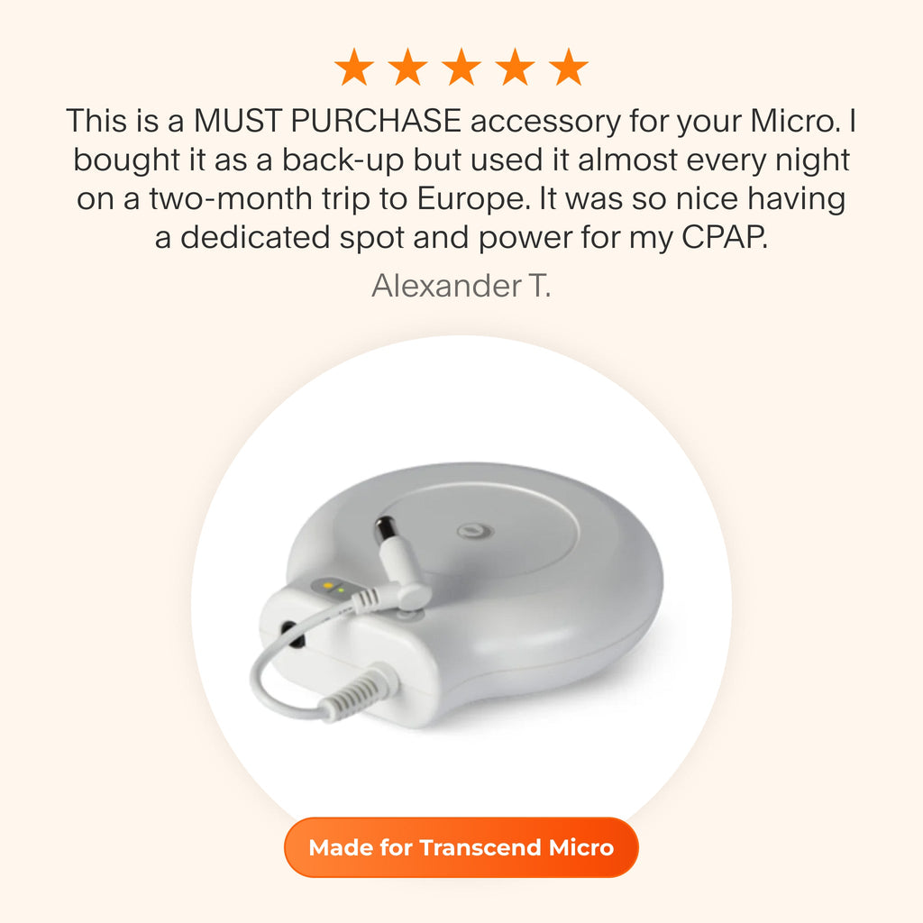 Testimonial praising the Transcend Micro PowerAway Companion Battery as a must-have accessory for reliable CPAP power during extended travel.