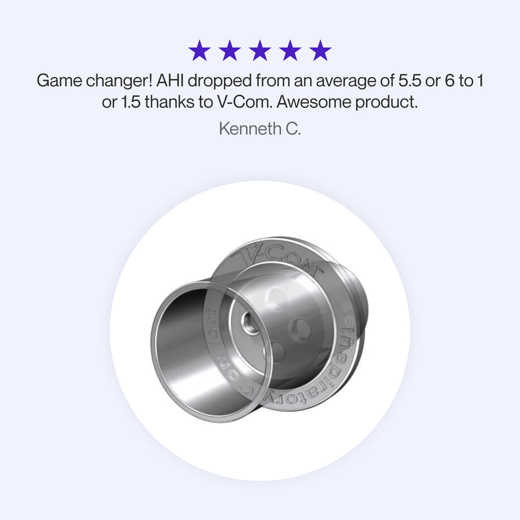 Testimonial celebrating the V-Com adapter as a game changer, highlighting a significant reduction in AHI from 5.5-6 to 1-1.5 for improved therapy results.