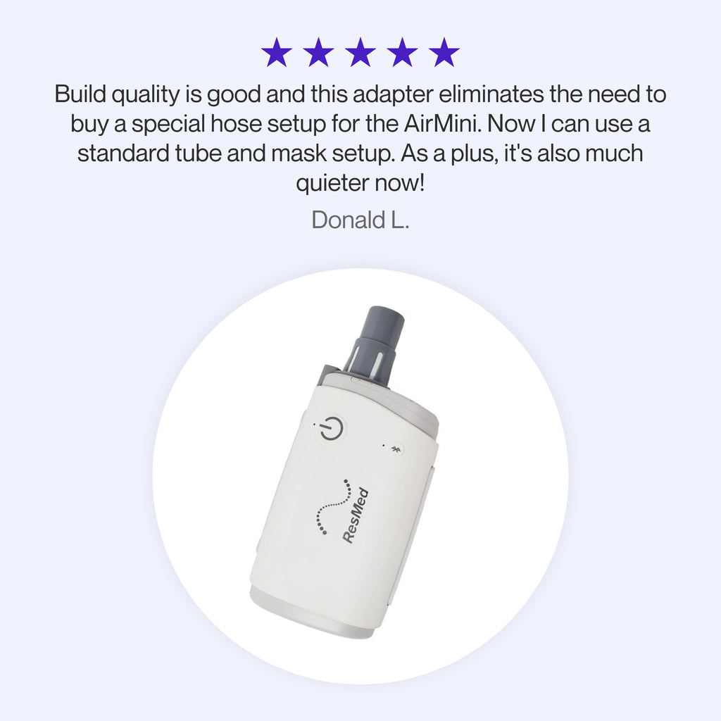 Testimonial praising the Zephair AirMini Tube Adapter for its sturdy build, enabling the use of standard tubing and masks, and reducing noise for a quieter experience.
