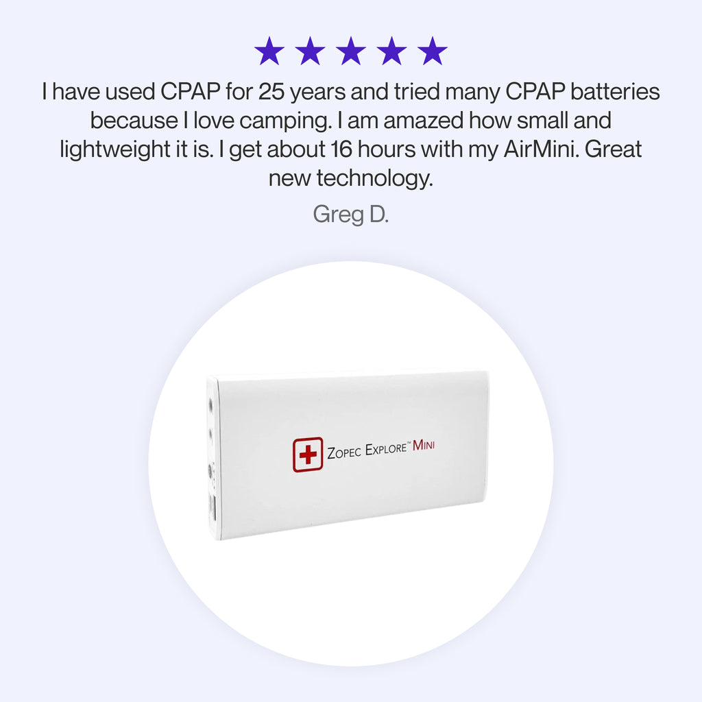 Testimonial praising the Zopec Explore Mini CPAP Battery for its compact, lightweight design and reliable 16-hour performance with an AirMini, ideal for camping.