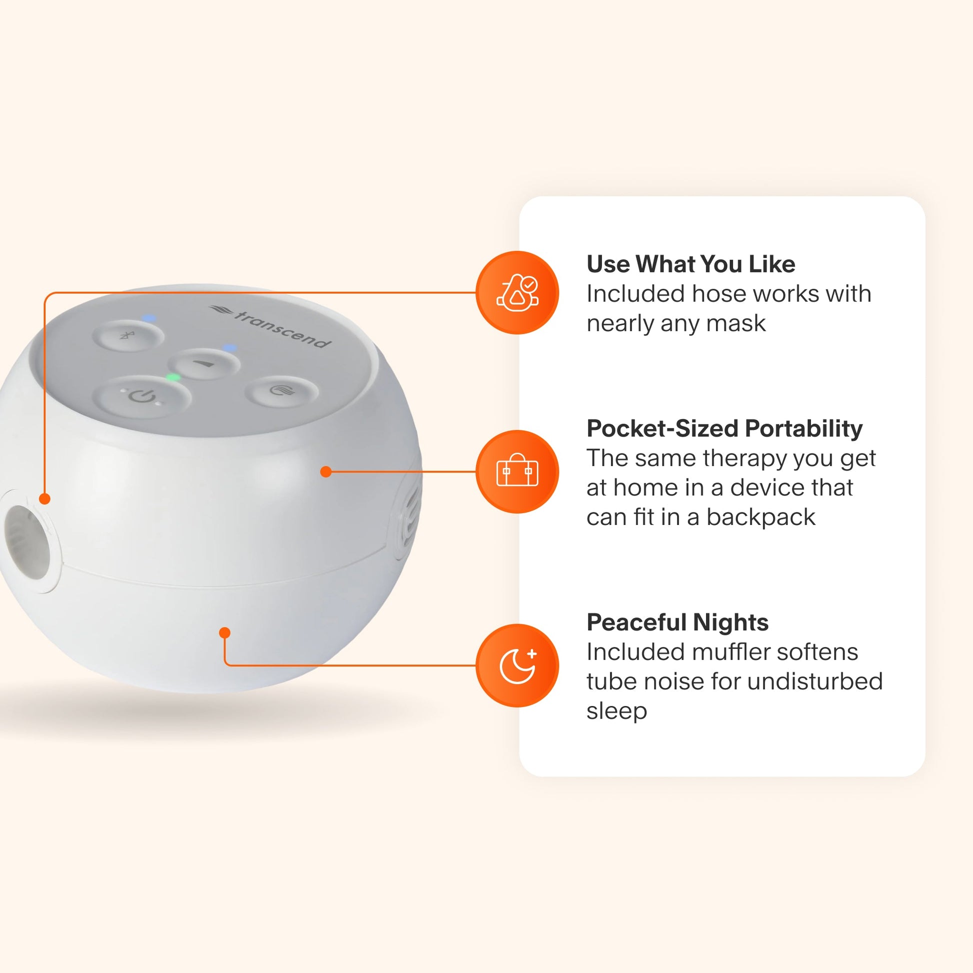 Transcend Micro CPAP featuring universal mask compatibility, backpack-sized design, and muffler for quiet sleep therapy.