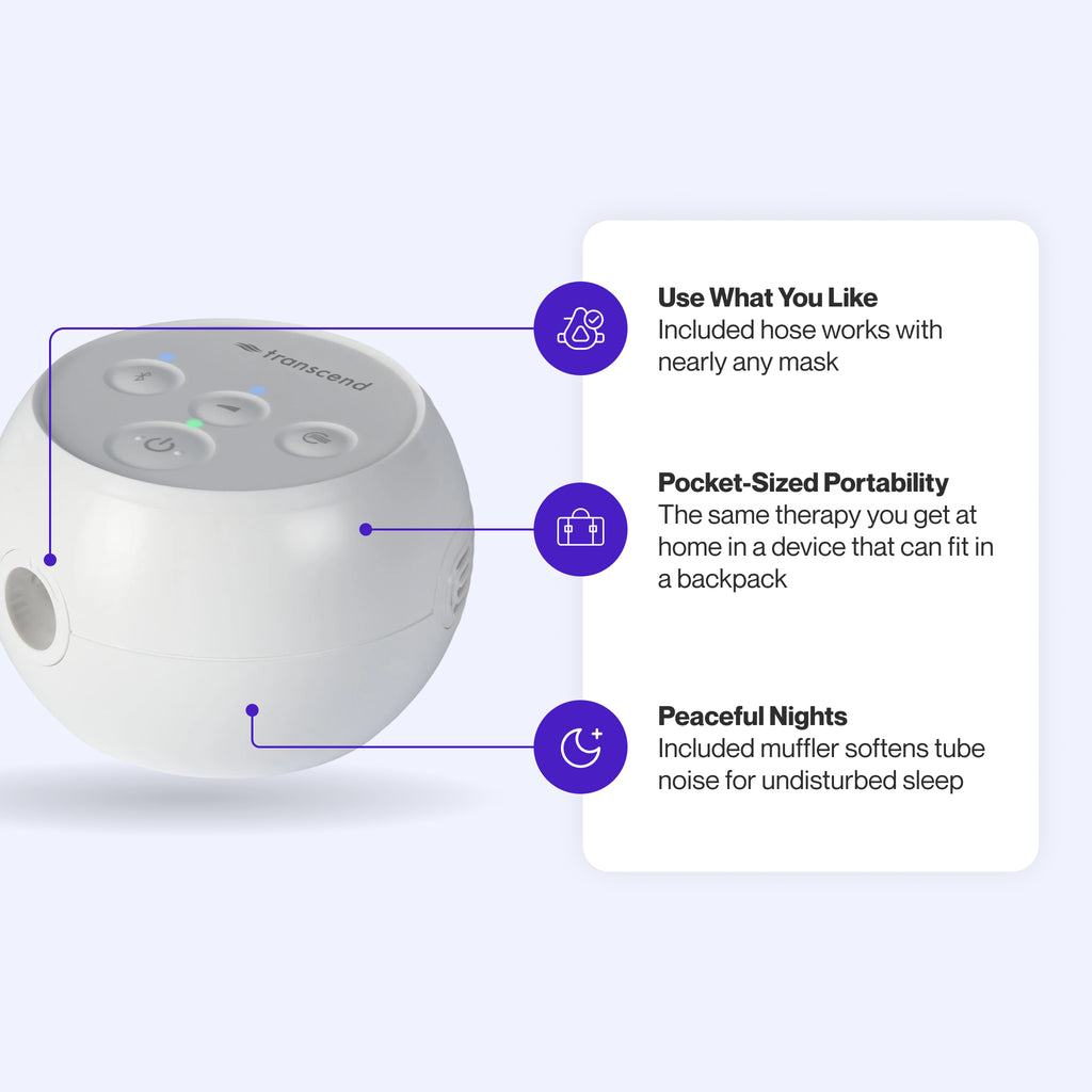 Transcend Micro CPAP featuring universal mask compatibility, backpack-sized design, and muffler for quiet sleep therapy.