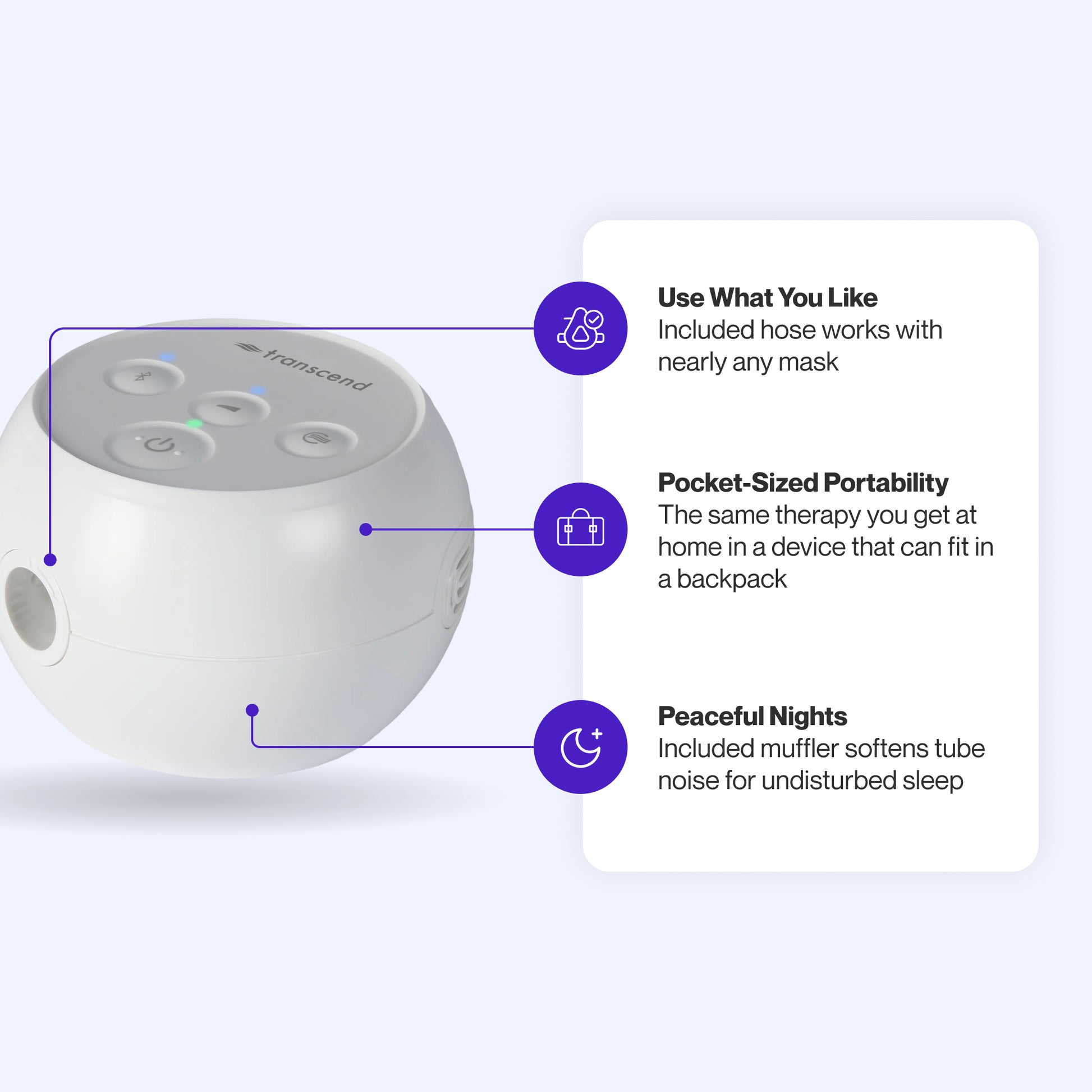 Transcend Micro CPAP featuring universal mask compatibility, backpack-sized design, and muffler for quiet sleep therapy.