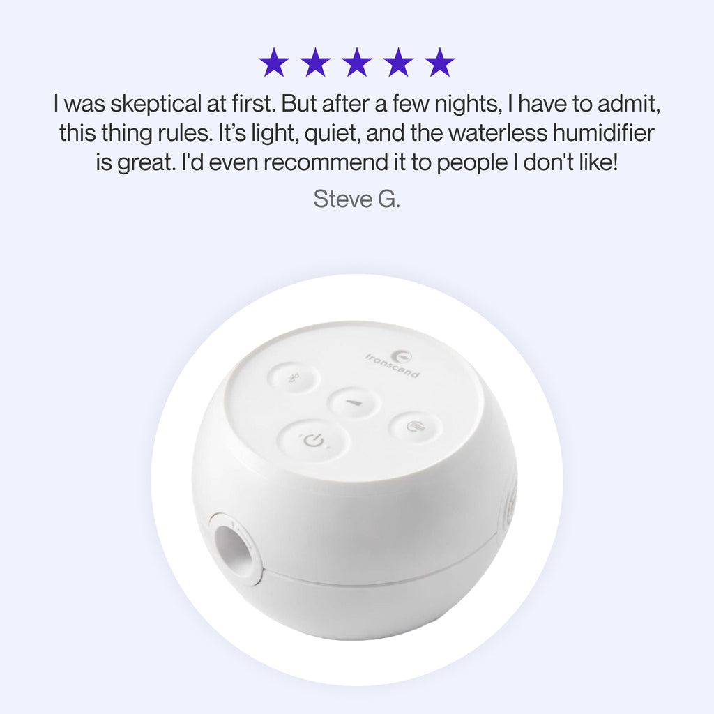 Testimonial for Transcend Micro CPAP highlighting lightweight feel, quiet performance, and effective waterless humidification.