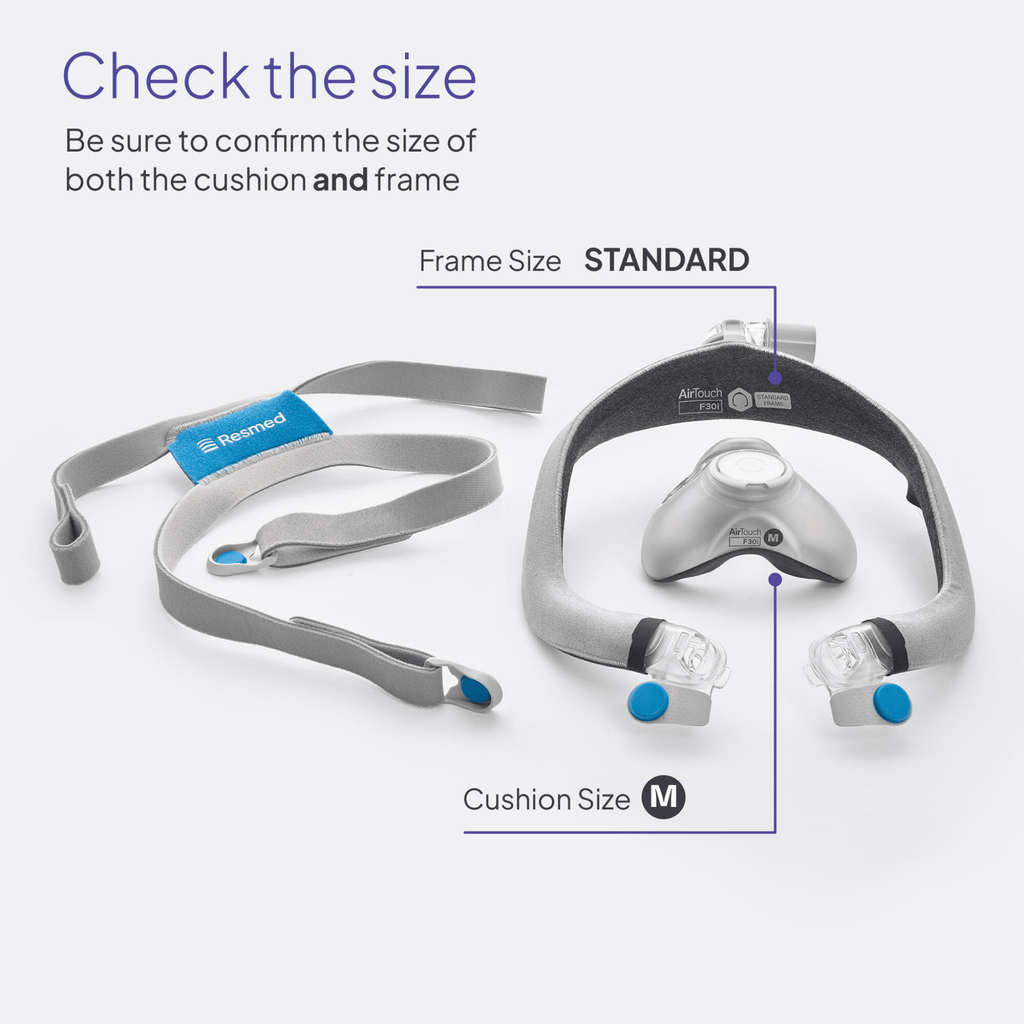 Graphic reminding you to check both the cushion and frame size of your AirTouch F30i Comfort mask before purchasing it or replacement supplies.