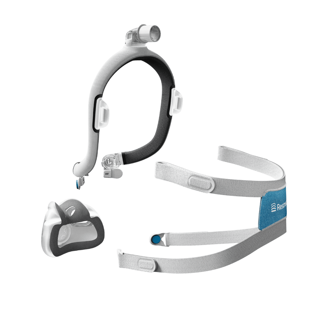 AirTouch F30i Comfort exploded view from the rear profile showing three distinct parts: the fabric wrapped frame, fabric-lined silicone cushion, and adjustable headgear.