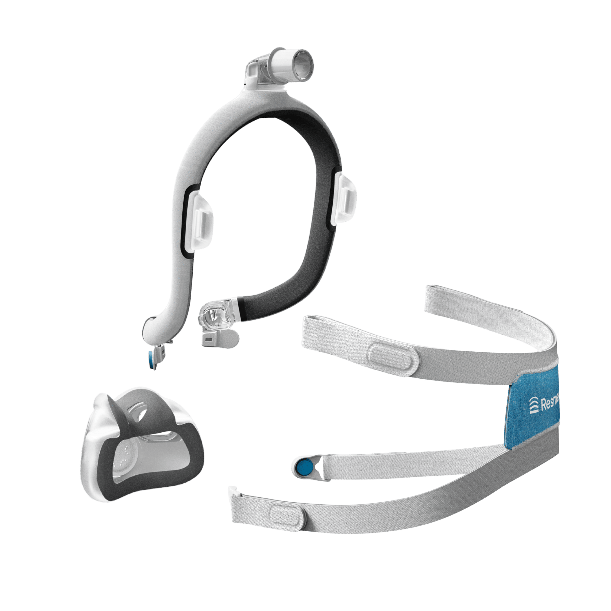 AirTouch F30i Comfort exploded view from the rear profile showing three distinct parts: the fabric wrapped frame, fabric-lined silicone cushion, and adjustable headgear.