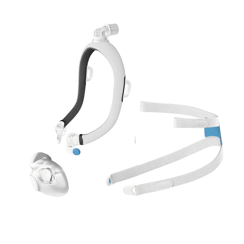 AirTouch F30i Comfort exploded view from the side profile showing three distinct parts: the fabric wrapped frame, fabric-lined silicone cushion, and adjustable headgear.