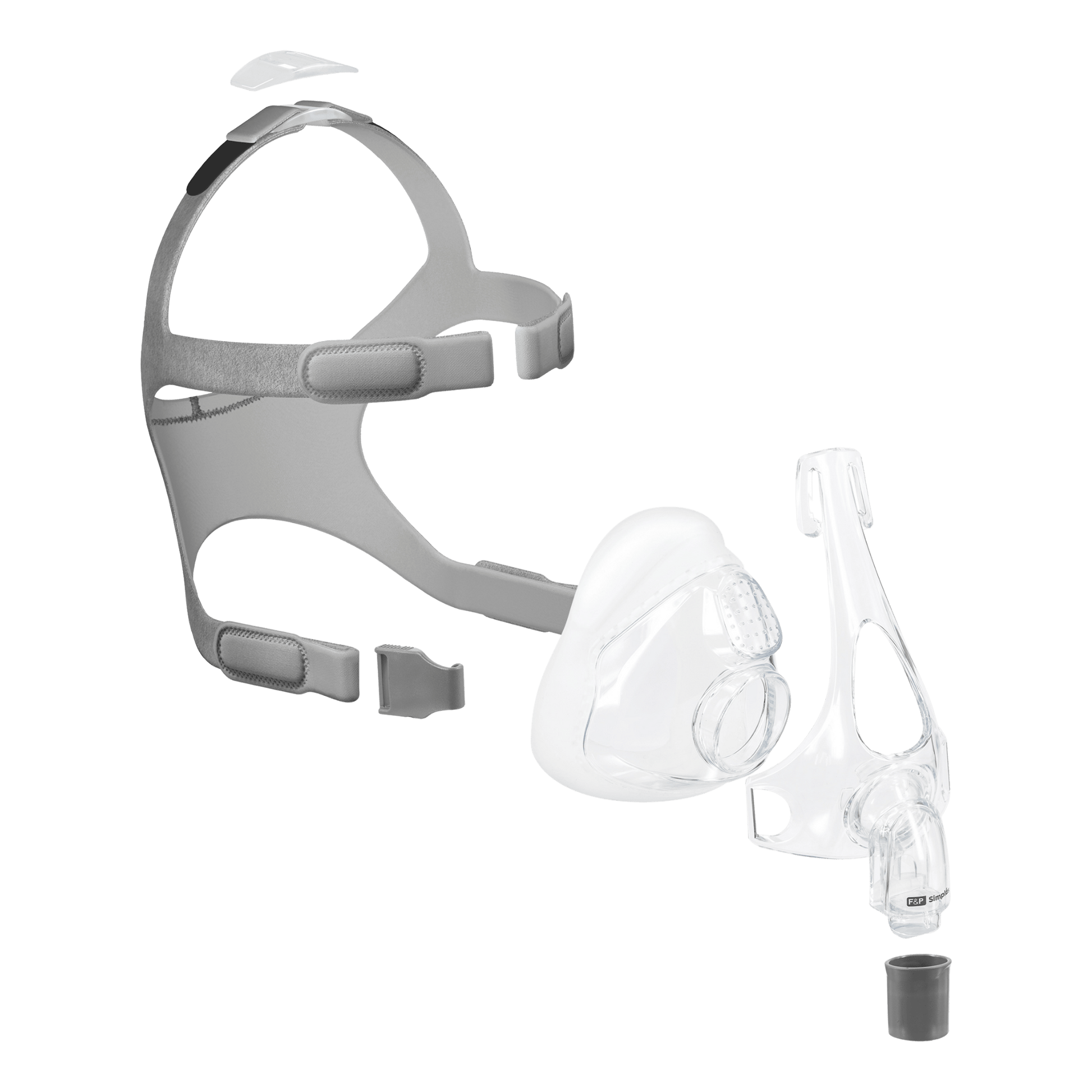 Exploded view of F&P simplus mask showing headgear, headgear clips, cushion, frame, and swivel elbow