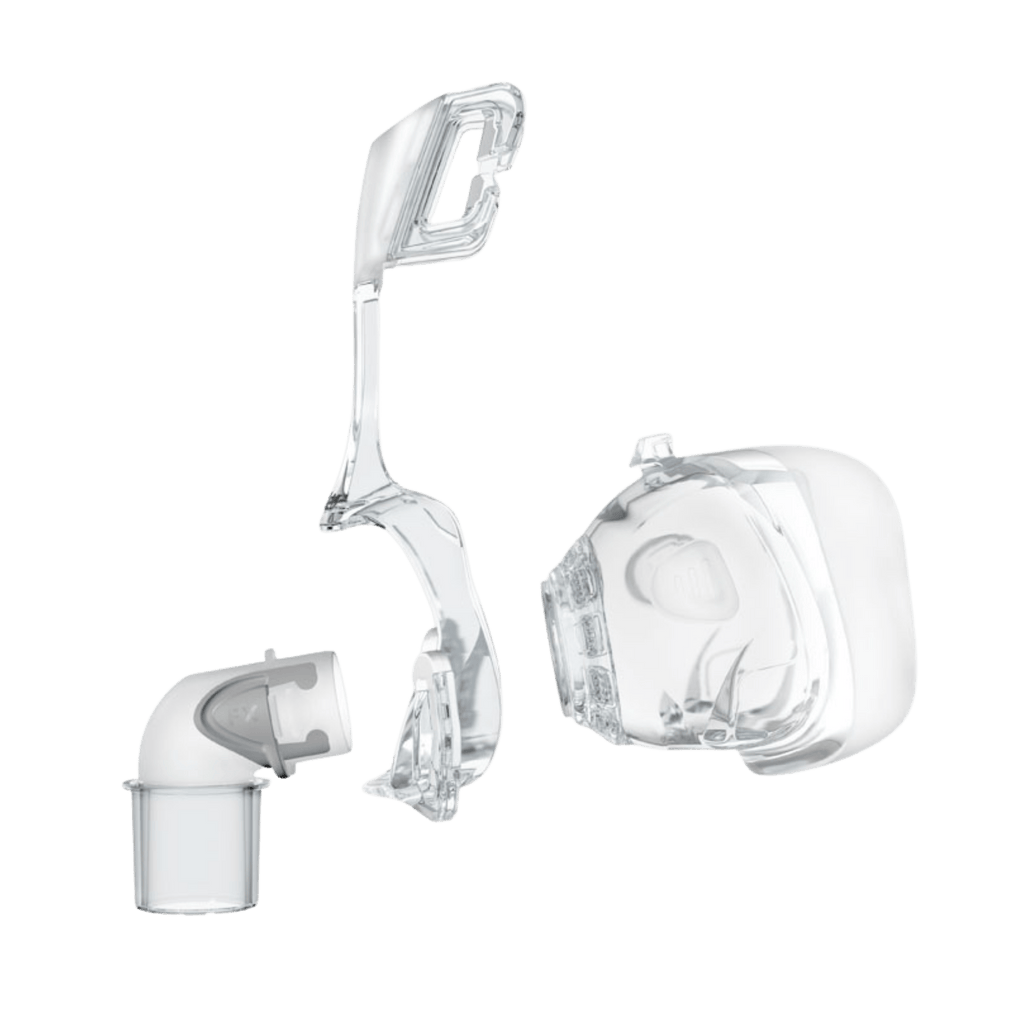 mirage fx assembly kit exploded view showing frame, swivel elbow, and cushion from the side