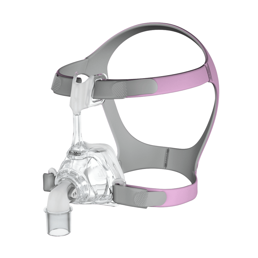 front angled view of mirage fx for her mask with pink headgear