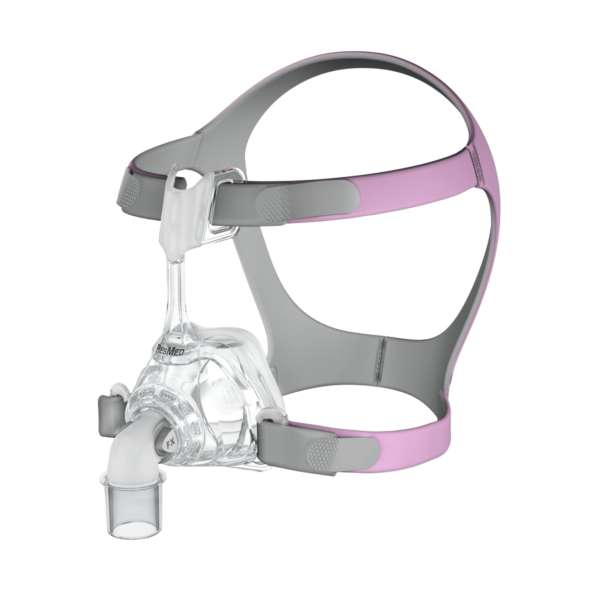 front angled view of mirage fx for her mask with pink headgear