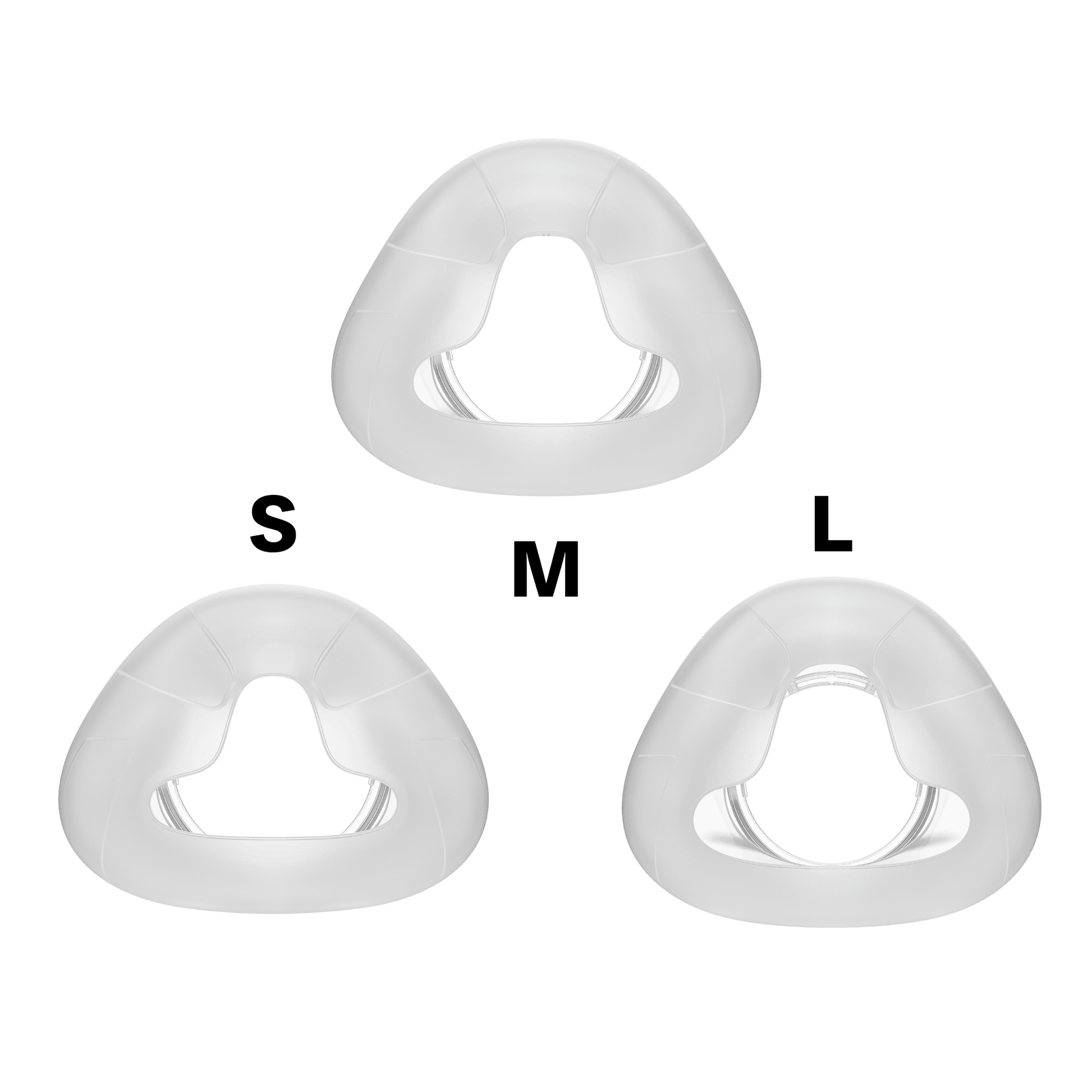 family shot showing all three cushion sizes for Nova Nasal mask - Small, Medium, and Large