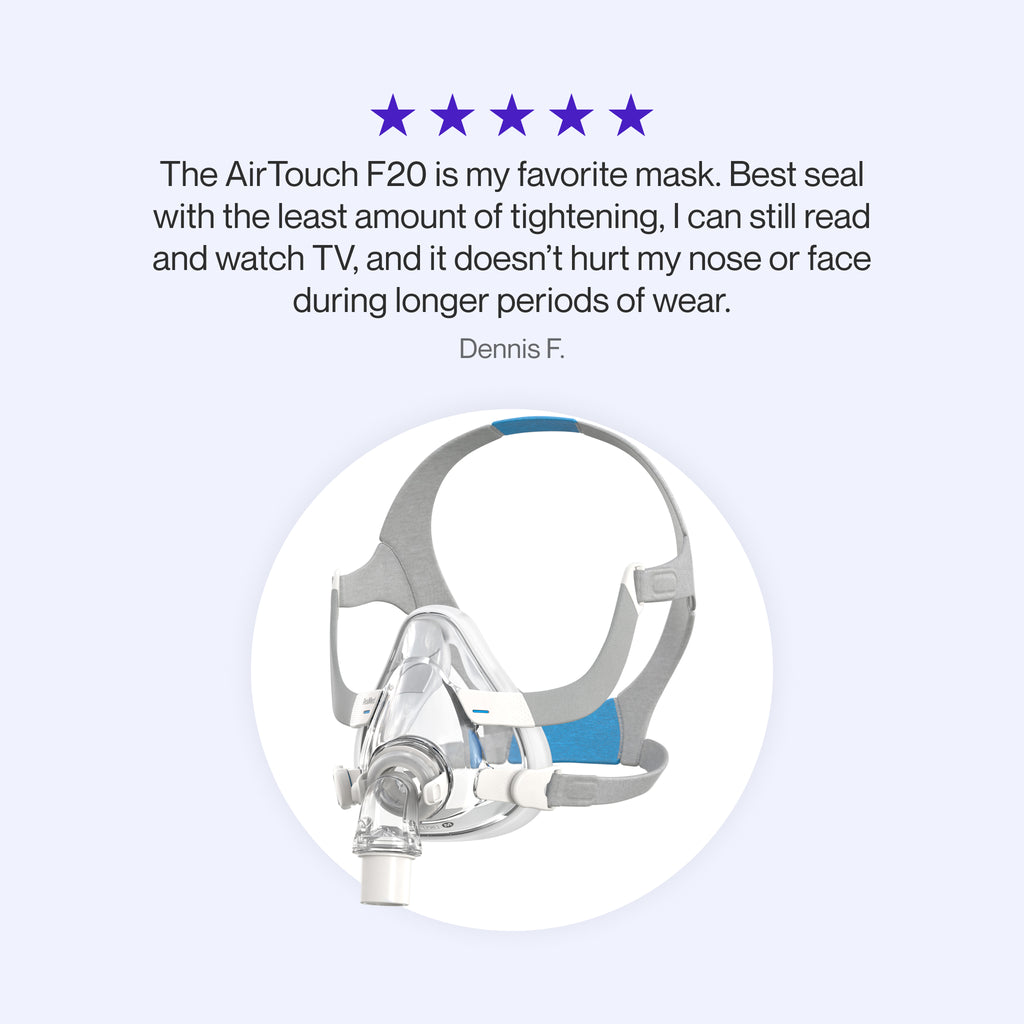 ResMed AirTouch F20 Full Face CPAP Mask with a memory foam cushion and flexible swivel elbow. Includes a five-star customer review emphasizing comfort, minimal tightening, and suitability for extended use.