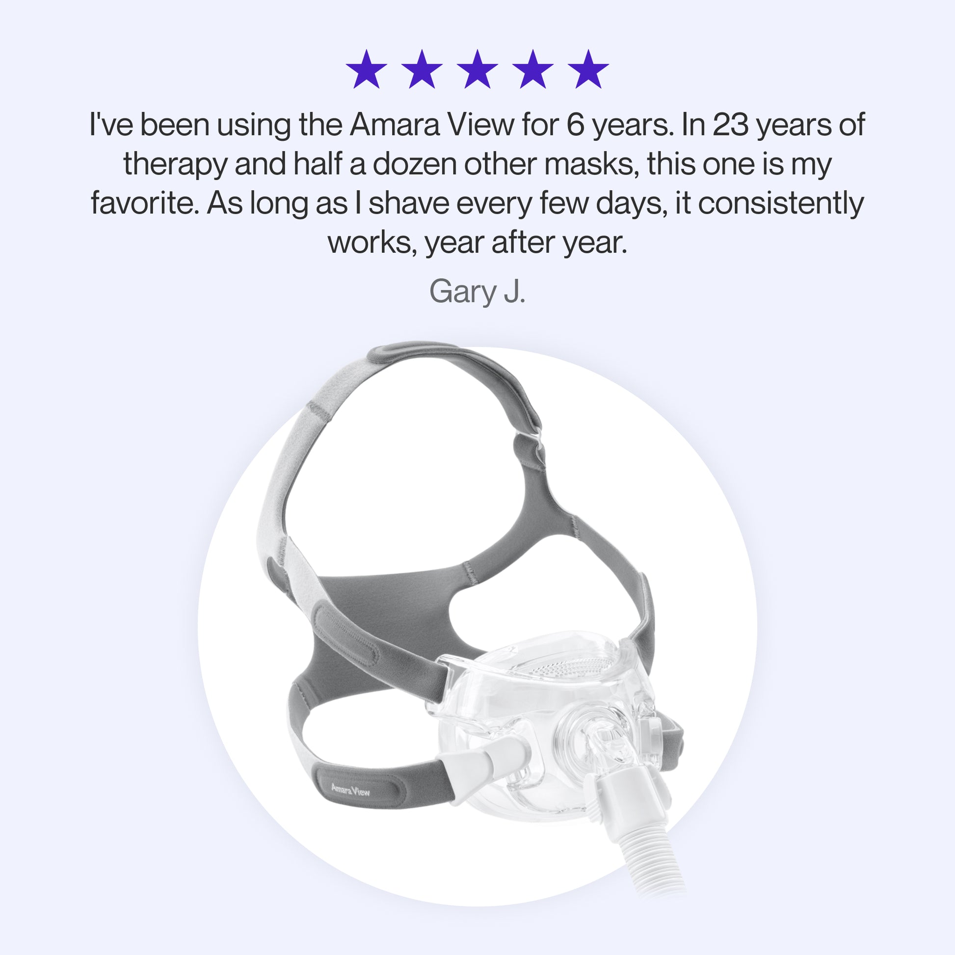 Testimonial praising the Amara View Full Face Mask for its long-lasting reliability and comfort, making it a favorite after decades of CPAP therapy.