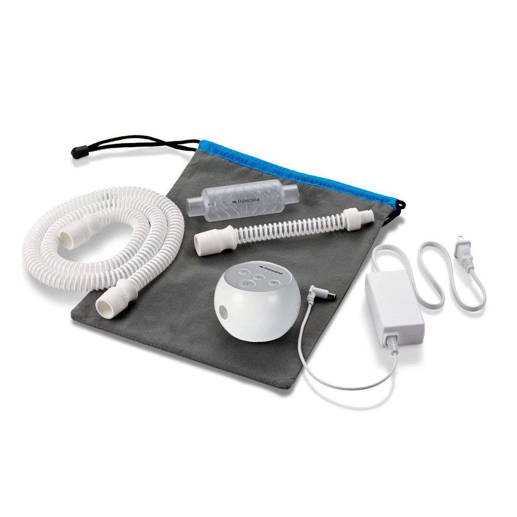 Transcend Micro Auto Travel CPAP Machine package contents (machine, hose, muffler, carrying pouch, short tube, power supply)