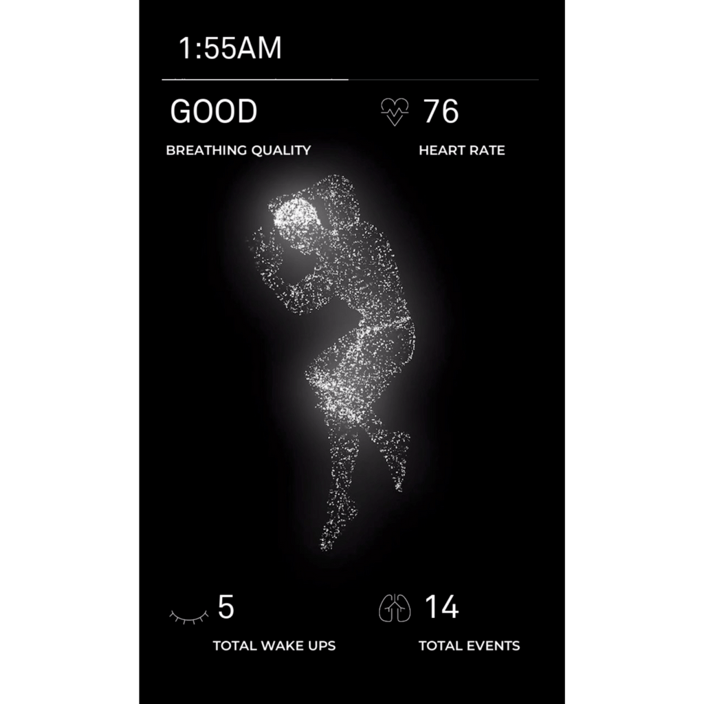 Wesper sleep monitoring app interface showing breathing quality, heart rate, and sleep data on a dark background.