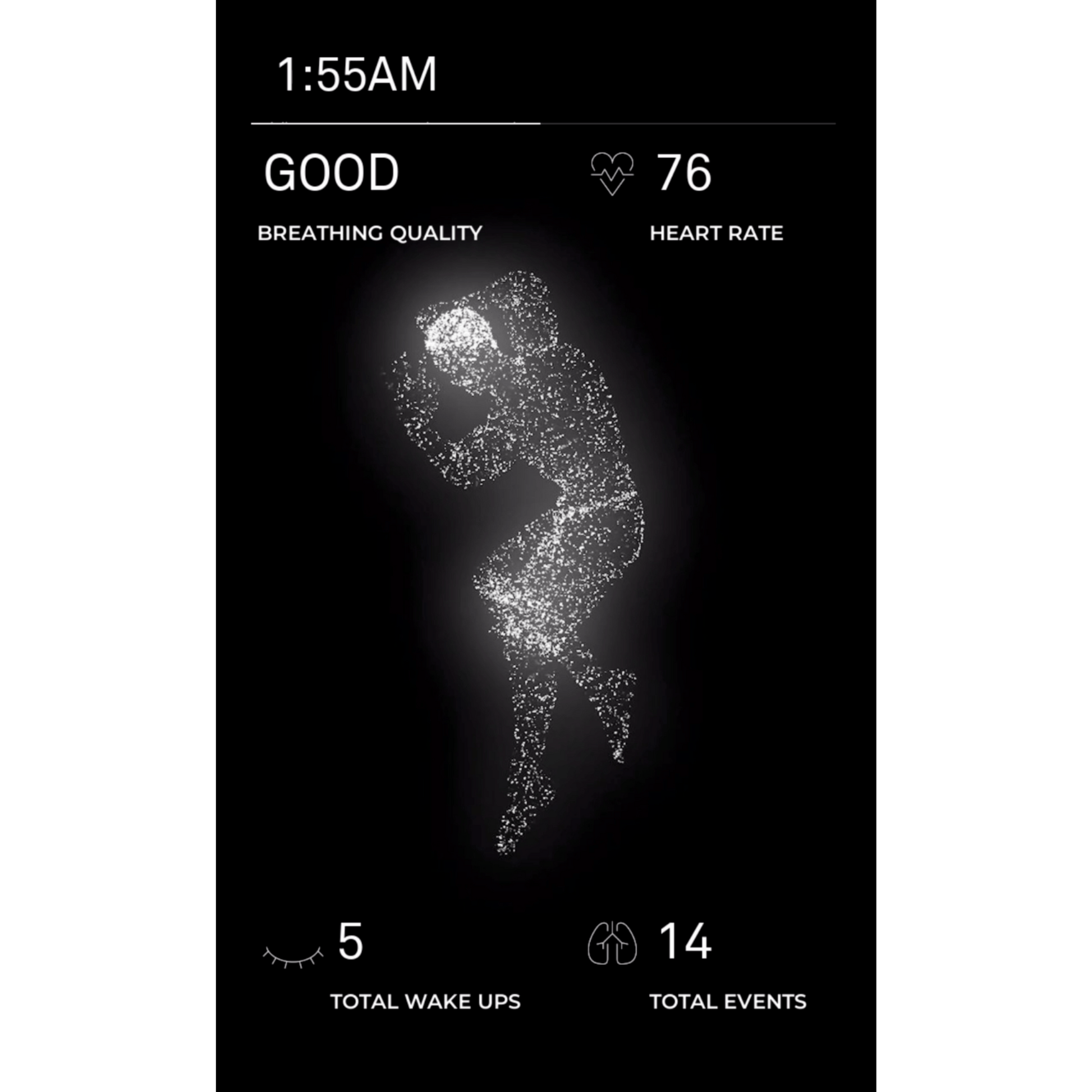 Wesper sleep monitoring app interface showing breathing quality, heart rate, and sleep data on a dark background.